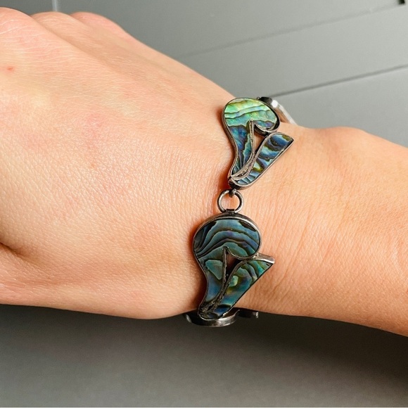 Vintage Mexican 1940s Sterling Silver Abalone Inlay Link Bracelet Antique - Picture 9 of 10